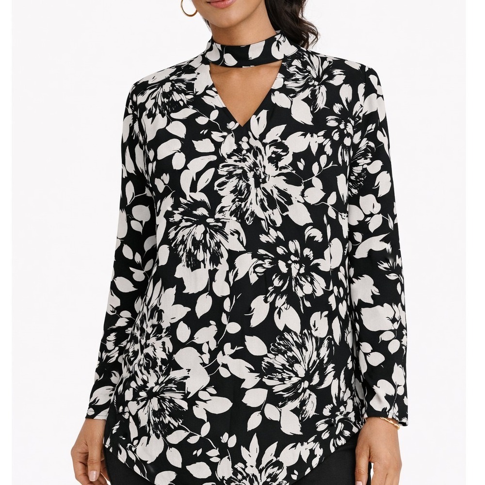 NY Collection Womens Black White Floral Choker V-Neck Blouse‎ Top XP0U0996 Small